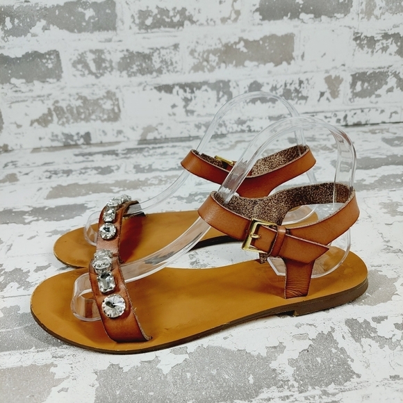 J. Crew Jeweled Brown Leather Gold Buckle Slip On Summer Flat Sandals O230 - Picture 1 of 13
